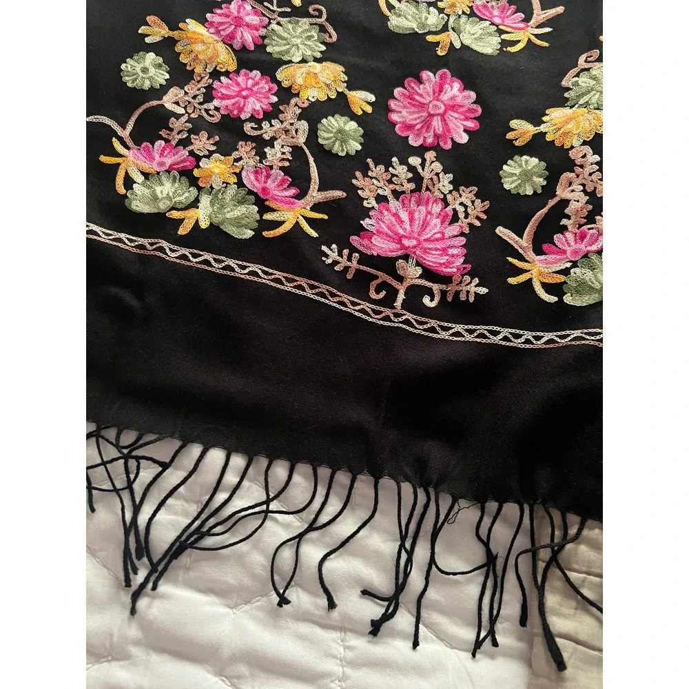 Pashmina 100% Cashmere Floral Embroidered Shawl Rebozo Black Fringe Wrap 65x25